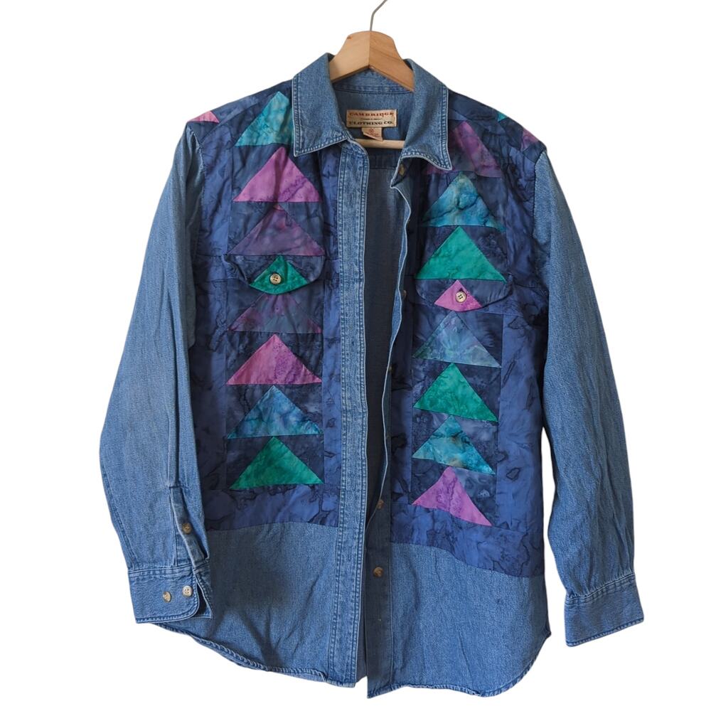 Vintage Button Up Womens Medium Top Geometric Patchwork Watercolor Blue 80s‎ 90s